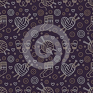 Knitting, crochet seamless pattern. Cute vector flat line illustration of hand made equipment knitting needle, hook