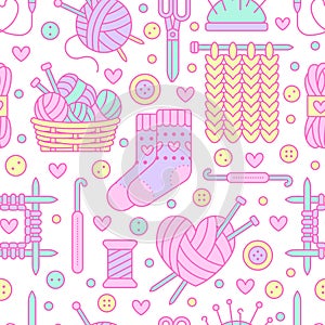 Knitting, crochet seamless pattern. Cute vector flat line illustration of hand made equipment knitting needle, hook