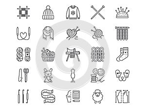 Knitting flat line icons set. Crochet, hand made scarf, wool ball, thread and needle vector illustrations. Outline signs
