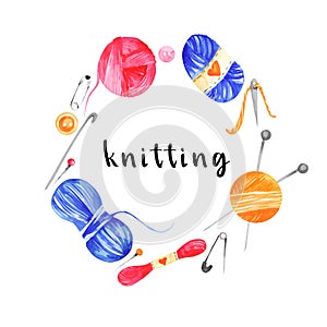 Knitting frame with tools: knitting needles, crochet hook, thimble, safety pins, row counter, yarn, clews. Hand drawn watercolor