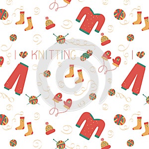 Knitting  hand line seamless pattern in doodle style. For a yarn shop or tailor. Vector.