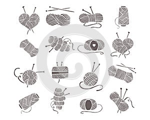 Knitting icons set, balls of yarn, skeins, knitting needles and hook. Hobby concept. Hand drawn design elements