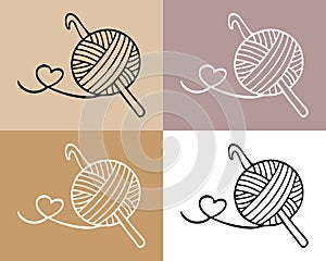 Knitting icons set, skein of yarn and hook. Hobby concept vector