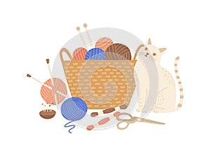 Knitting kit and cute cat flat vector illustration. Adorable animal near basket with yarn balls, needles and scissors