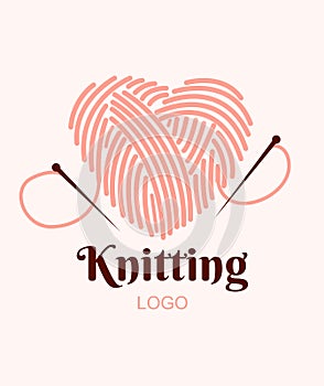 Knitting logo. Ball of yarn in heart with needles. Vector illustration