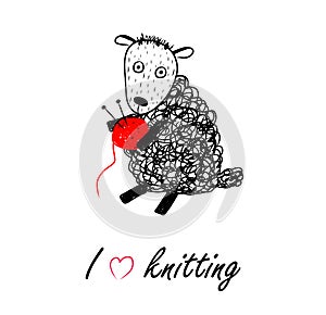 Knitting logo with funny sheep and ball of threads Lettering vector illustration