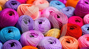 Knitting needles, colorful threads. Selection of colorful yarn wool on shopfront. Knitting background, lot of balls