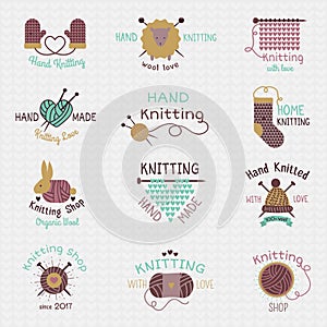 Knitting needles logo vector wool knitwear or knitted woolen socks logotype crocheting woolly materials and handknitting