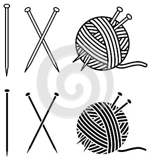 Knitting Needles & Wool Yarn Ball Clipart Set - Outline and Silhouette