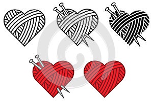 Knitting Needles and Yarn Heart Ball Clipart Set - Outline, Silhouette and Color