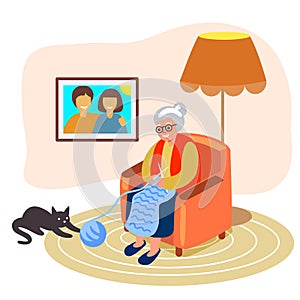 Knitting Old woman knits Granny Vector illustration