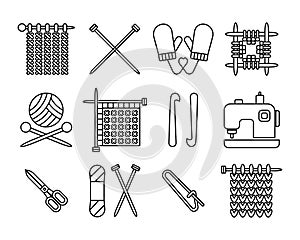 Knitting, outline icons set. . Hobby and needlework concept. Templates, vector