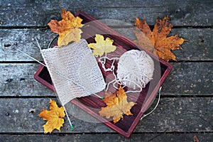 Knitting project in progress. A piece of knitting with ball of yarn and a knitting needles in red wooden tray with dry leaves