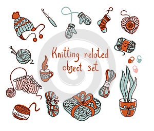Knitting related object set. knitting hobby.