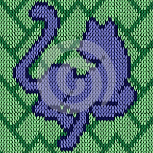 Knitting seamless pattern with blue cat over green