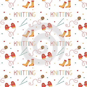 Knitting  seamless pattern in doodle style. For a yarn shop or tailor