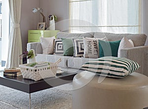 Knitting set in cozy living room with gray sofa and retro pillows