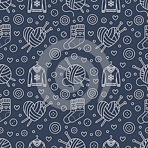 Knitting, sewing seamless pattern. Cute vector flat line illustration of hand made equipment knitting needle, bottons
