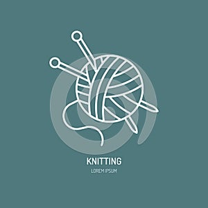 Knitting shop line logo. Yarn store flat sign, illustration of wool skeins with knitting needles