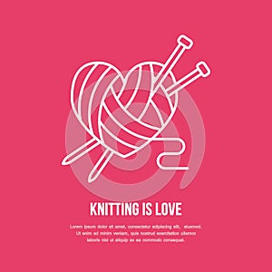 Knitting shop line logo. Yarn store flat sign, illustration of wool skeins with knitting needles