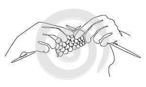 Knitting with threads. Hands of man, woman in modern trendy style with one line. Solid line, outline for decor, posters, stickers,