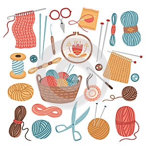 Knitting threads. Knit sewing, wool yarn balls. Isolated cartoon handicraft accessories, crochet needlework hobby tools