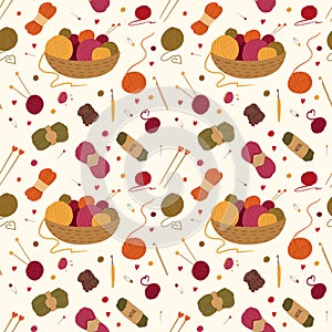 Knitting tools, accessories flat vector seamless pattern
