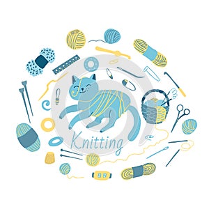 Knitting tools set with a cute cat.