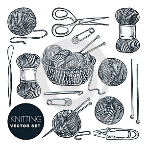 Knitting tools, wool yarn, isolated on white background. Vector sketch illustration. Handmade needlework design elements