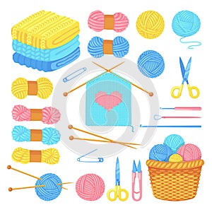 Knitting tools and wool yarn set, isolated on white background. Vector craft and handmade needlework design elements