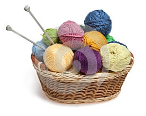 Knitting yarn balls and needles in basket