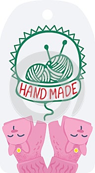 Knitting yarn balls needles labeled ribbon, cute pink gloves. Crafting, DIY projects creative