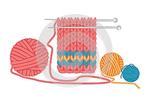 Knitwear, ball of yarn and needles isolated on white background. Symbol of hobby, needlework, homework.