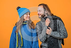 knitwear fashion for all family. cheerful couple in love. romantic relations of man and woman in winter. love can warm