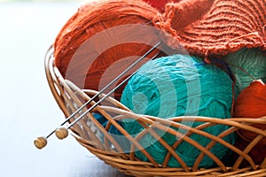 Knitwork tools and thread balls in a basket