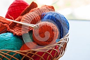 Knitwork tools and thread balls in a basket