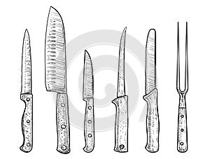 Knives illustration, drawing, engraving, ink, line art, vector