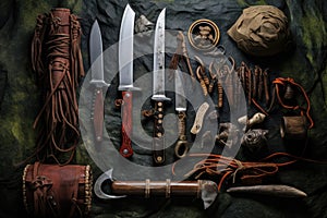 knives, rope, and tools on a natural background
