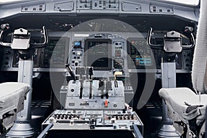 Knobs and buttons. Close up focused view of airplane cockpit