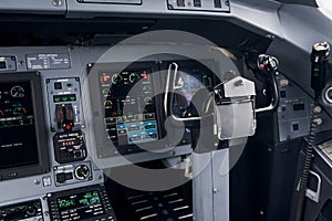 Knobs and buttons. Close up focused view of airplane cockpit