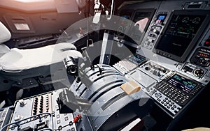 Knobs and buttons. Close up focused view of airplane cockpit