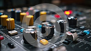 Knobs and Controls on Audio Mixer With Focus on Production Elements in a Studio Workspace During a Recording Session