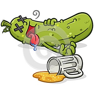 Knocked out drunken pickle cartoon character sleeping on the floor in a stupor
