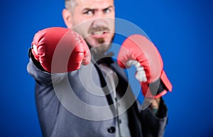 Knockout and energy. Fight. businessman in formal suit and bow tie. Business and sport success. powerful man boxer ready