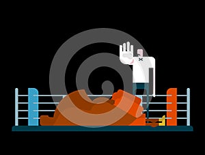 Knockout in ring. Referee and boxer. arbiter is counting