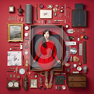 knolling of A beautiful Real Female in red dress on red background generative AI