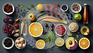 Knolling Ingredients of a healthy diet that maintains overall health