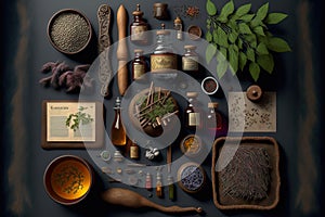 Knolling Medieval Apotheke Pharmacy Objects, Herbs, Powders, Bottles and Measuring tools, AI Generative photo