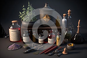 Knolling Medieval Apotheke Pharmacy Objects, Herbs, Powders, Bottles and Measuring tools, AI Generative photo