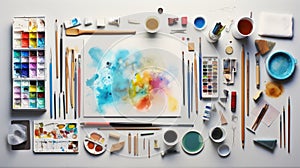 Knolling picture showing drawing equipment and paper. Theme colour is light blue